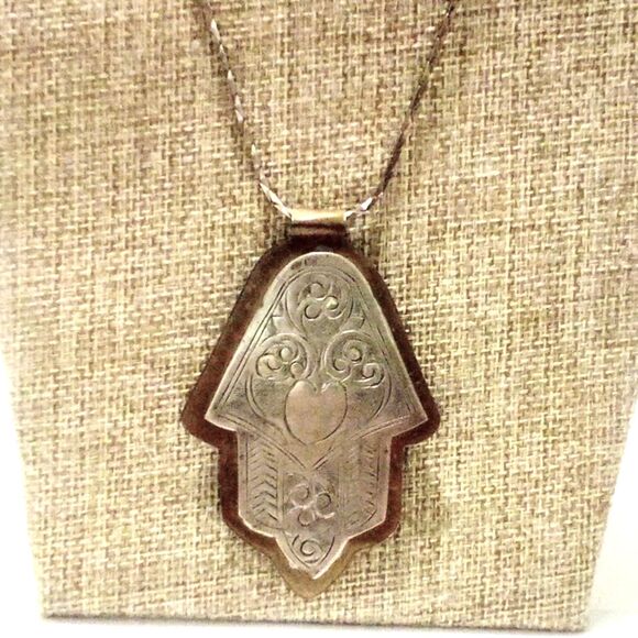 Vintage Boho Ethnic Inspired Hand Embossed Silver Brass Tone Pendant Necklace - Picture 2 of 8